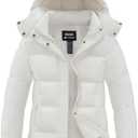 Skieer Women's Quilted Winter Coat Waterproof Ski Puffer Jacket Warm Parka with Detachable Hood (S, White)