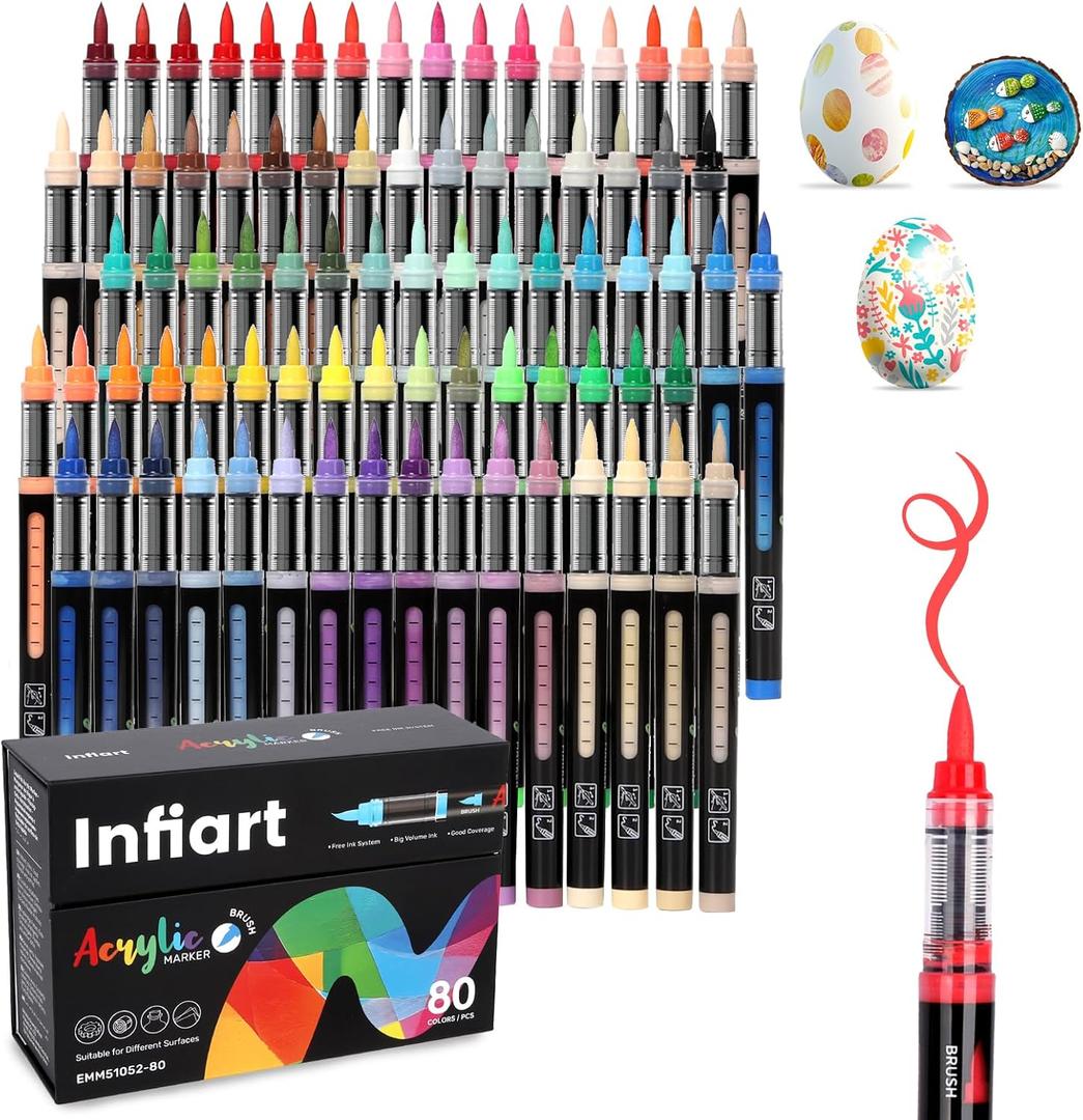 80 Colors Acrylic Paint Markers Brush Tip, Automatic Ink Control Acrylic Paint Pens Waterproof Acrylic Markers Set for Holiday Decorations, Stone, Wood, Glass, DIY & Art Supplies