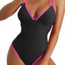 B2prity Women's V Neck One Piece Swimsuit Tummy Control Slimming Bathing Suit Double Straps Crisscross Back Swimwear, XL