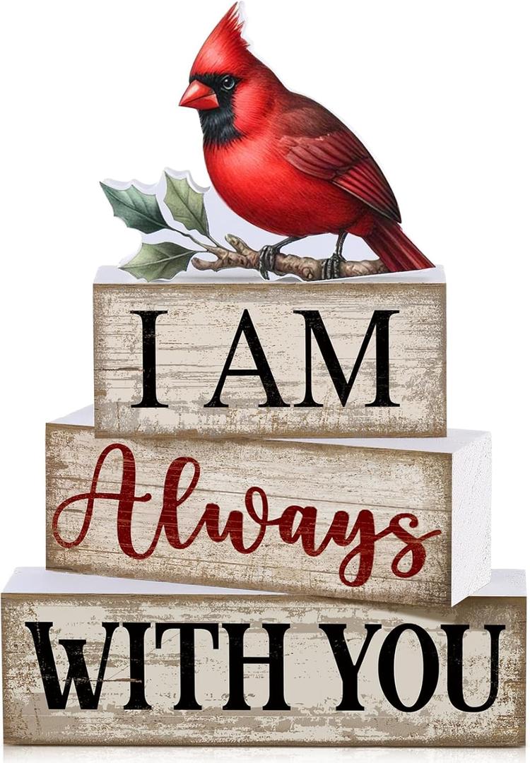 4 Pieces Cardinal Gift Decorations Wooden Red Cardinal Sign for Loss of Loved One Tiered Tray Decor I Am Always with You Sign Sympathy Remembrance Memorial Gifts for Home Kitchen Shelf Tabletop