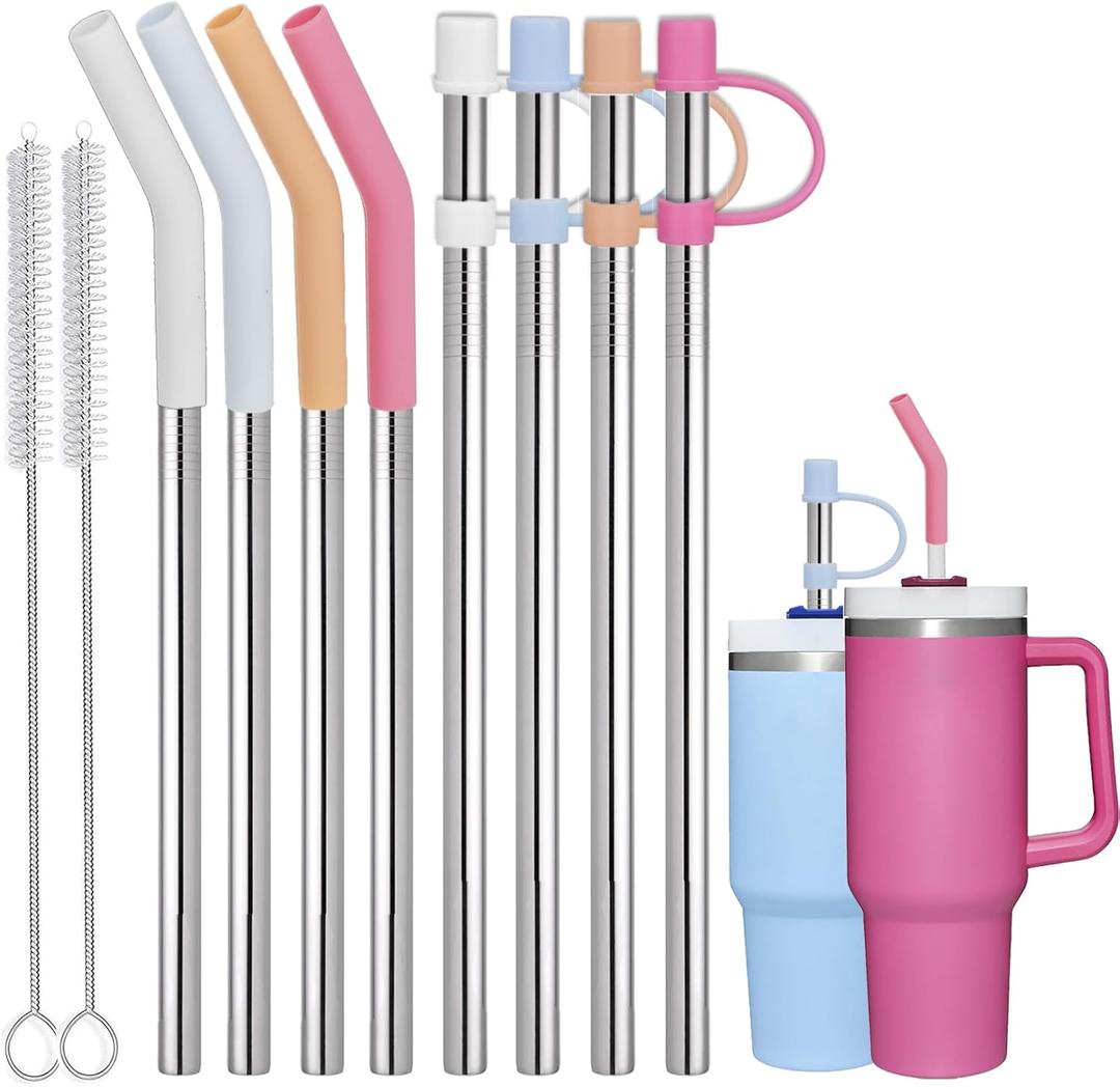 Greant 8 PCS Stainless Steel Straw for Stanley Adventure Quencher Tumbler 40oz, 12 in Straws fit Stanley with Straw Cover and Cleaning Brush, 10 mm, Metal (Stainless Steel, 12 inch)