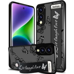 Compatible for Samsung Galaxy S25 Edge Case Cute with Strap Stand Finger Kickstand, Designer Cool Silicone Cases Funda Cover - Black Butterfly Butterflies