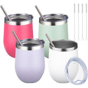 12oz/4 Pack Tumbler Glasses with Lid Stemless Double Wall Vacuum Stainless Steel Travel Tumbler Keeping Cold & Hot, Coffee,Cocktails,Christmas Drinks-Family and Gifts(Multi color-9) (4 pack/Peach Pink,Matcha,Light Pink,Light Purple,White)