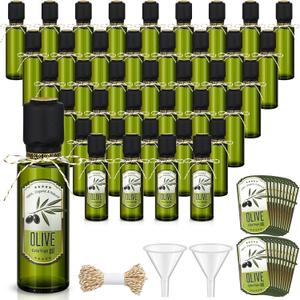 Reallnaive 40 Pcs 4 oz Mini Glass Olive Oil Bottles Empty Sauce Condiment Bottles with Dropper Inserts and Sticker Seals Caps for Gifts Kitchen (Olive Pattern, Dark Green)
