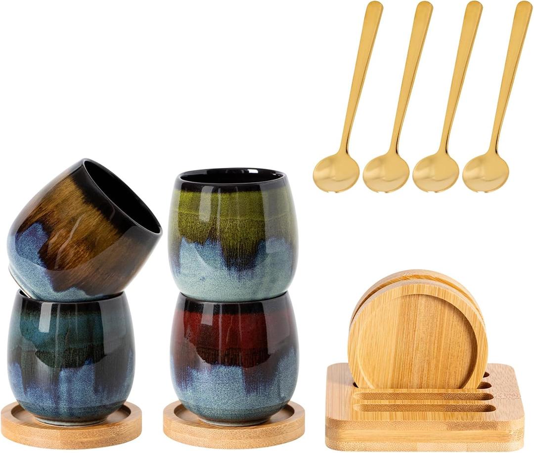 Hand-painted Ceramic Espresso Cup with Bamboo Tray holder and Spoons Set of 4, 2.7 Oz 80ml Kung Fu Tea Set,Demitasse cup,Tazas de Cafe, Yerba Mate Cup,Korean soju(4 Colors Mix)