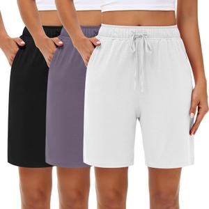 Neer 3 Pack Women's Bermuda Shorts, Jogger Yoga Sweat Walking Short Running Knee Length Sport Drawstring Shorts with Pockets (Black, Steel Gray, White)