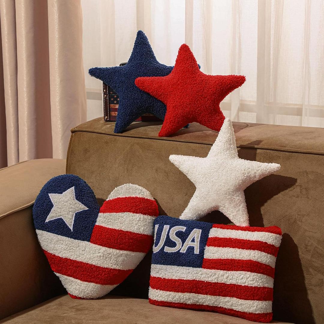 5 Pcs Patriotic Pillows 4th of July Independence Day Wool Pillow Memorial Day Americana Farmhouse Flag Stripe USA Stars Shaped Plush Cushion for Sofa Couch Bedroom Livingroom