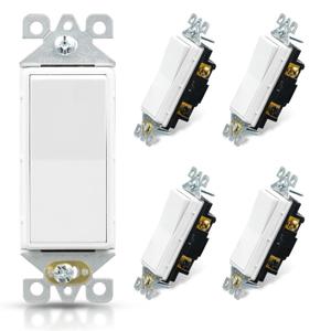 ELEGRP 3 Way Decorative Light Switch, 15Amp, 120-277 Volt, AC Decorator Rocker Paddle Wall Switch Replacement, Self-Grounding, Residential and Commercial Grade, UL Listed (5 Pack, Glossy White) (Without Wall Plate)