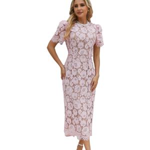 WOCV Women's Long Sleeve Lace Floral Elegant Cocktail Ocassion Party Midi Dress Wedding Guests Dress Pink, XL