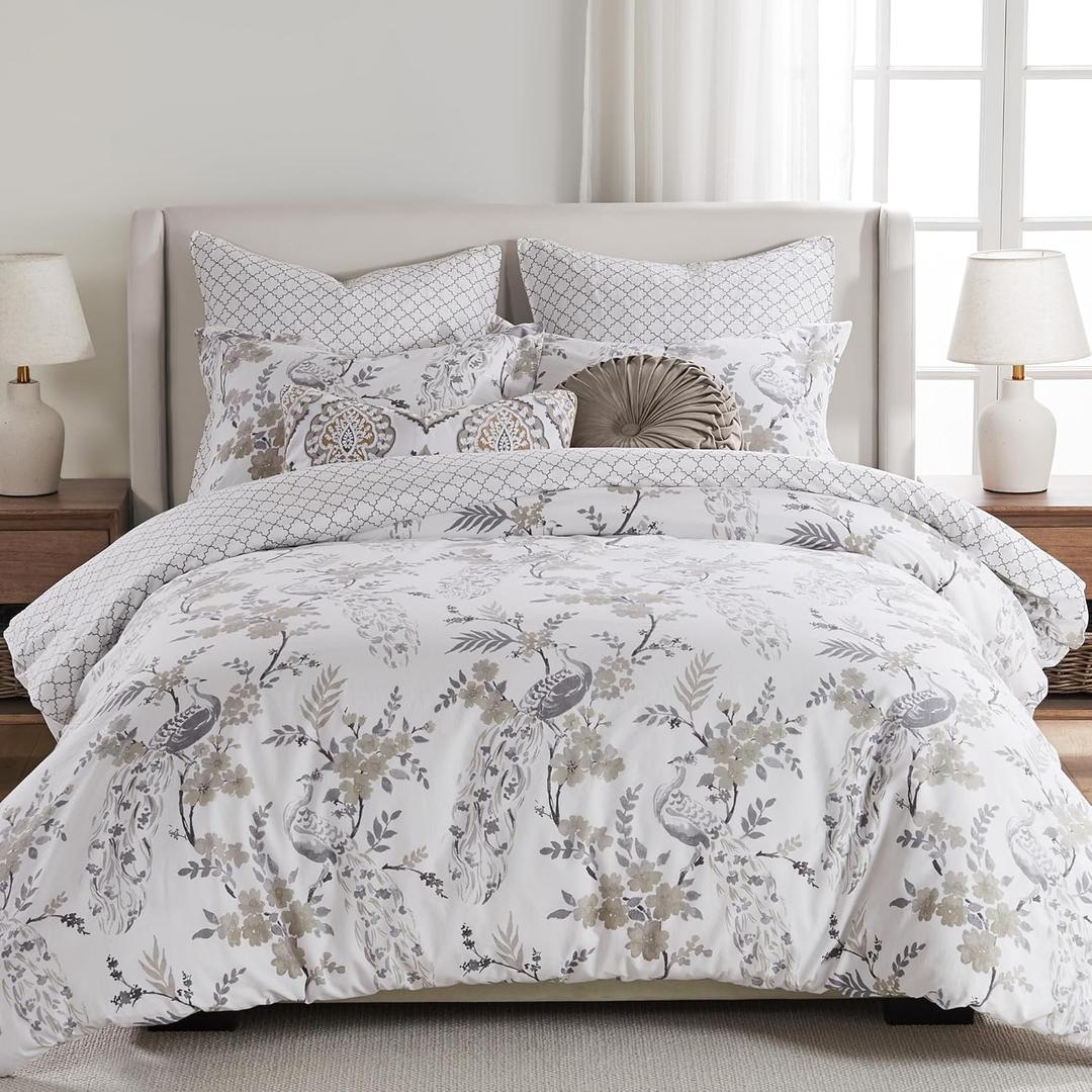Levtex Home Pisa Reversible Full/Queen Comforter Set (90x94in) with 2 Pillowcases (26x20in) - Floral Peacock - Grey, Taupe - 100% Cotton Full/Queen Size Comforter Set - Soft, Pre-Washed