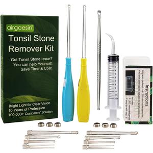 Airgoesin 6.75 inch Tonsil Stone Remover LED Tool Kit - 2 Sets, Oral Irrigation Syringe & Stainless Steel Pick, Tonsil Stone Removal Kit for Breath Freshening (Blue & Yellow)