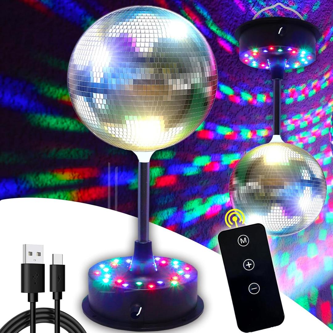 Remote Control 6 Inch Rotating Mirrors Disco Ball Light with 5RPM-9RPM Adjustable Rotary Motor 24 RGB LED Mood Lights Great for Home Party Dance Holiday Christmas DecorationUSB/Battery Powered