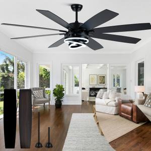 Black Ceiling Fans with Lights and Remote, 72 Inch Indoor/Outdoor Large Modern Ceiling Fan for Living Room Kitchen, Dimmable, 6 Speed Reversible DC Motor, Dual Finish