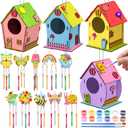 VioraWhite 14 Pcs Wooden Bird House Wind Chime Kits DIY Wood Crafts and Arts Bird House Coloring Unfinished Wood Hanging Ornaments for Spring Party Classroom Painting Activities