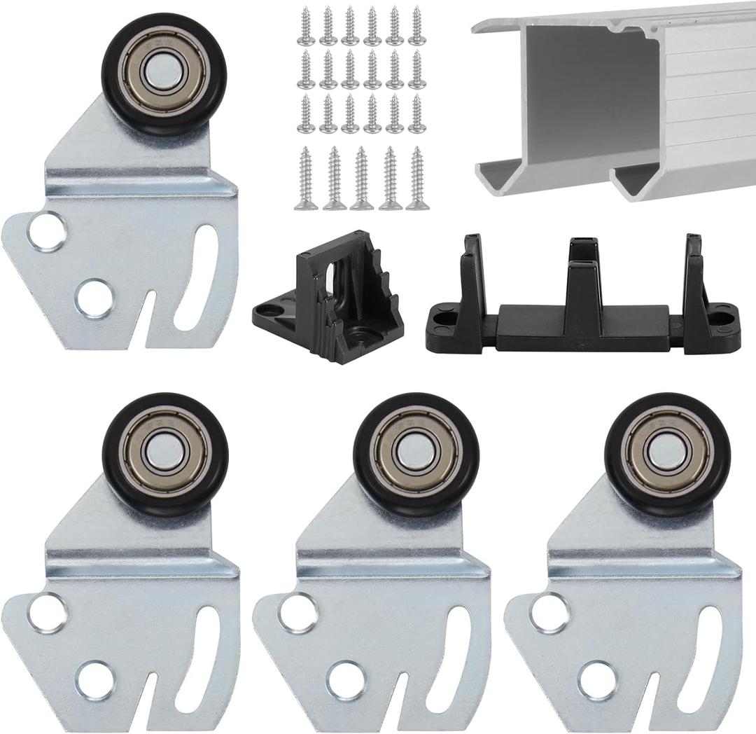 Sliding Closet Door Roller Kit with 48inch Track  Top Hung Door Replacement Hardware with 1-Inch Convex Ball Bearing Wheels, Stamped Steel, 1/4" & 1/2" Offset Brackets.