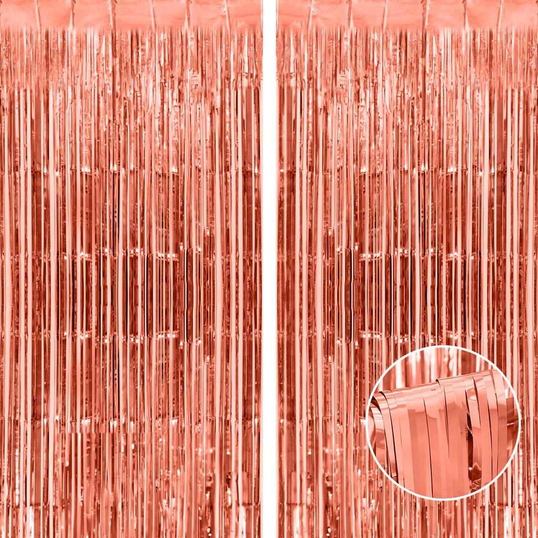 2 x Thicken Rose Gold Foil Fringe Curtains Decorations 3.2x8.2ft - 2 Pack, Photo Backdrop for Birthday Bachelorette Bridal Shower Baby Shower Graduation Party, Party Streams Decor