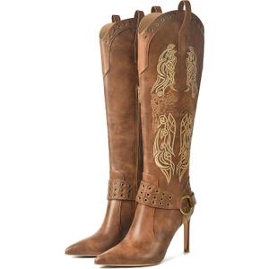 JANSEVEN Western Boots for Women Knee High Cowboy Boots with Embroidered Cowgirl Boot Stiletto High Heel Boot Pointed Toe Side Zipper 3.5 Inches Fashion Boots (8, Brown)