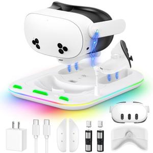 20W Fast Magnetic Charging Dock for Meta Quest 3/3S & Oculus Quest 3S/3, YUANHOT RGB Station with 2 Rechargeable Batteries & Headset Controller Stand