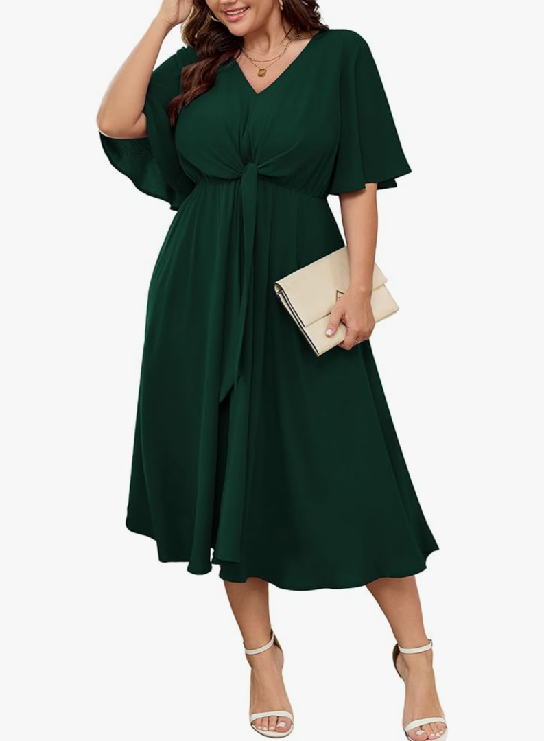 SCOMCHIC Women Plus Size Midi Dresses Wedding Guest Short Sleeve V Neck Tie Waist Casual Summer Flowy A Line Dress, 3 XL