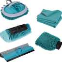 Car Wash Brush with 3 Replaceable Brush Heads - Soft Car Brush, Chenille Car Wipe, Window Squeegee, Chenille Glove & 2 Microfiber Towel - Extension Pole Not Included.