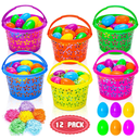12 Pieces Easter Baskets with Handle for kids  Plastic Easter Egg Hunts Bucket with 36Pcs Empty Eggs and 60g 6 colors Grass for Pascua Party Favor Garden Basket Filler Stuffer Decorations