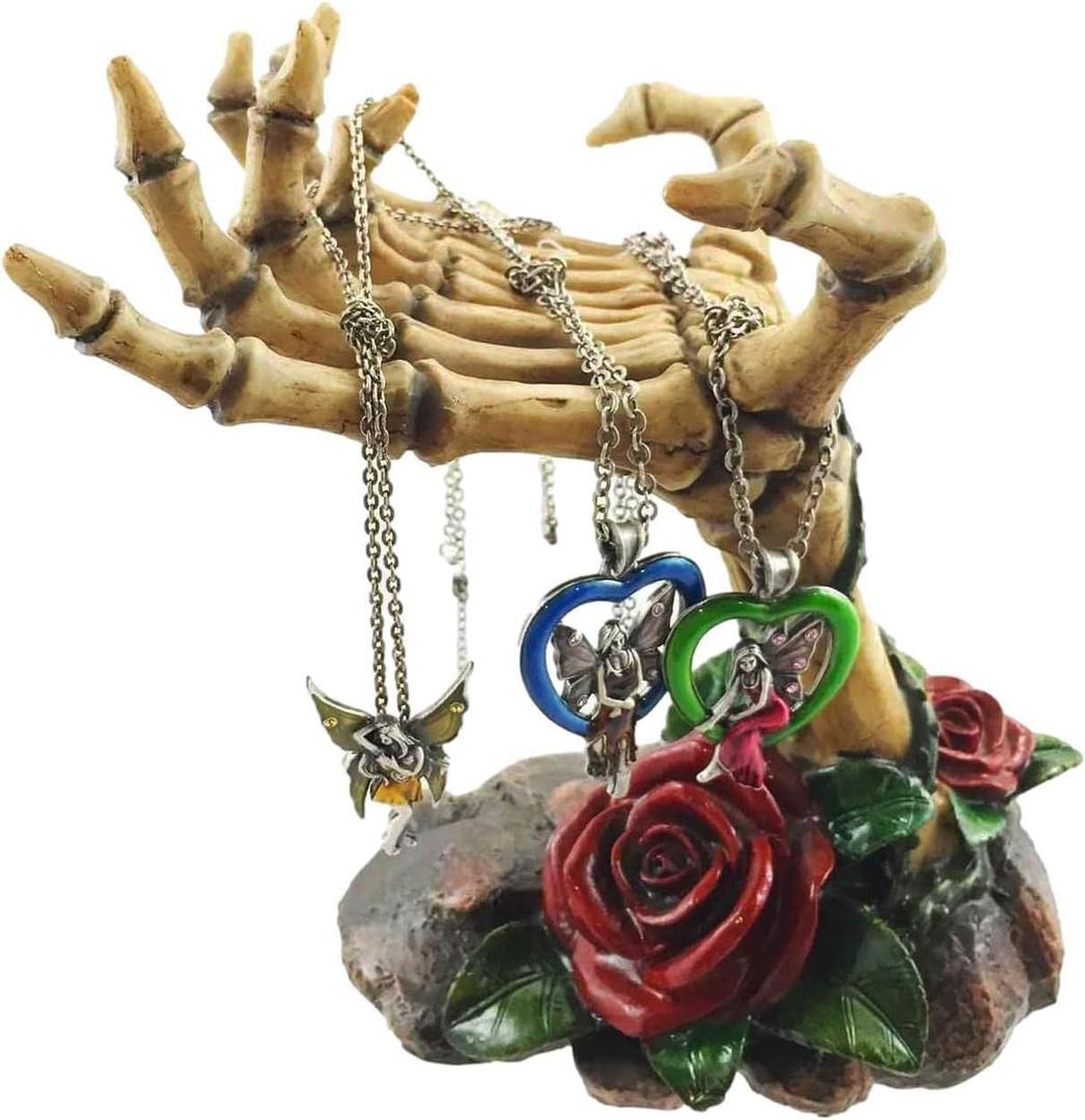 Ebros Gift Gothic Valentine Rose Skeletal Hands Skeleton Grasp of The Dead Jewelry Tree Holder Figurine Holds Many Rings Necklaces Accessories Skeletons Skulls Boudoir Decor Halloween Statue