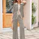 Tankaneo Womens Knit 2 Piece Lounge Sets Striped Short Sleeve Tops and Wide Leg Pants Travel Airport Vacation Outfits (S)