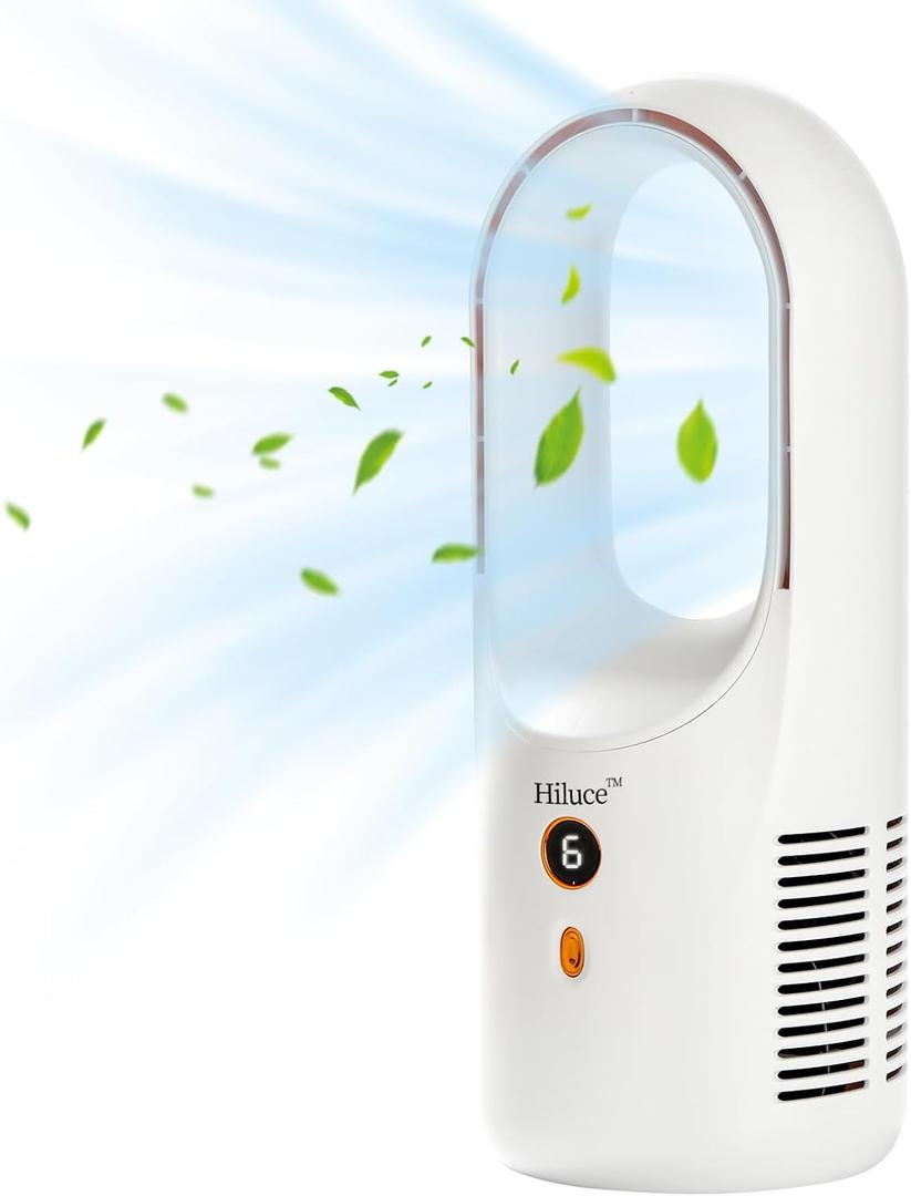 Hiluce Desk Fan Bladeless,6 Speeds 11.8 Inch Portable Office Fan, Battery USB Fans,Easy to Clean, Small Quiet Table Fan for Personal Bedroom Home Office Desktop, White