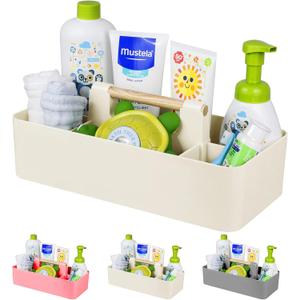 Baby Shower Caddy Plastic Nursery Portable Storage Organizer Caddy Tote for Child/Kids, Divided Basket Bin with Wood Handle for Bathroom, Dorm Room, Holds Hand Soap, Bottles, Spoons (Beige)