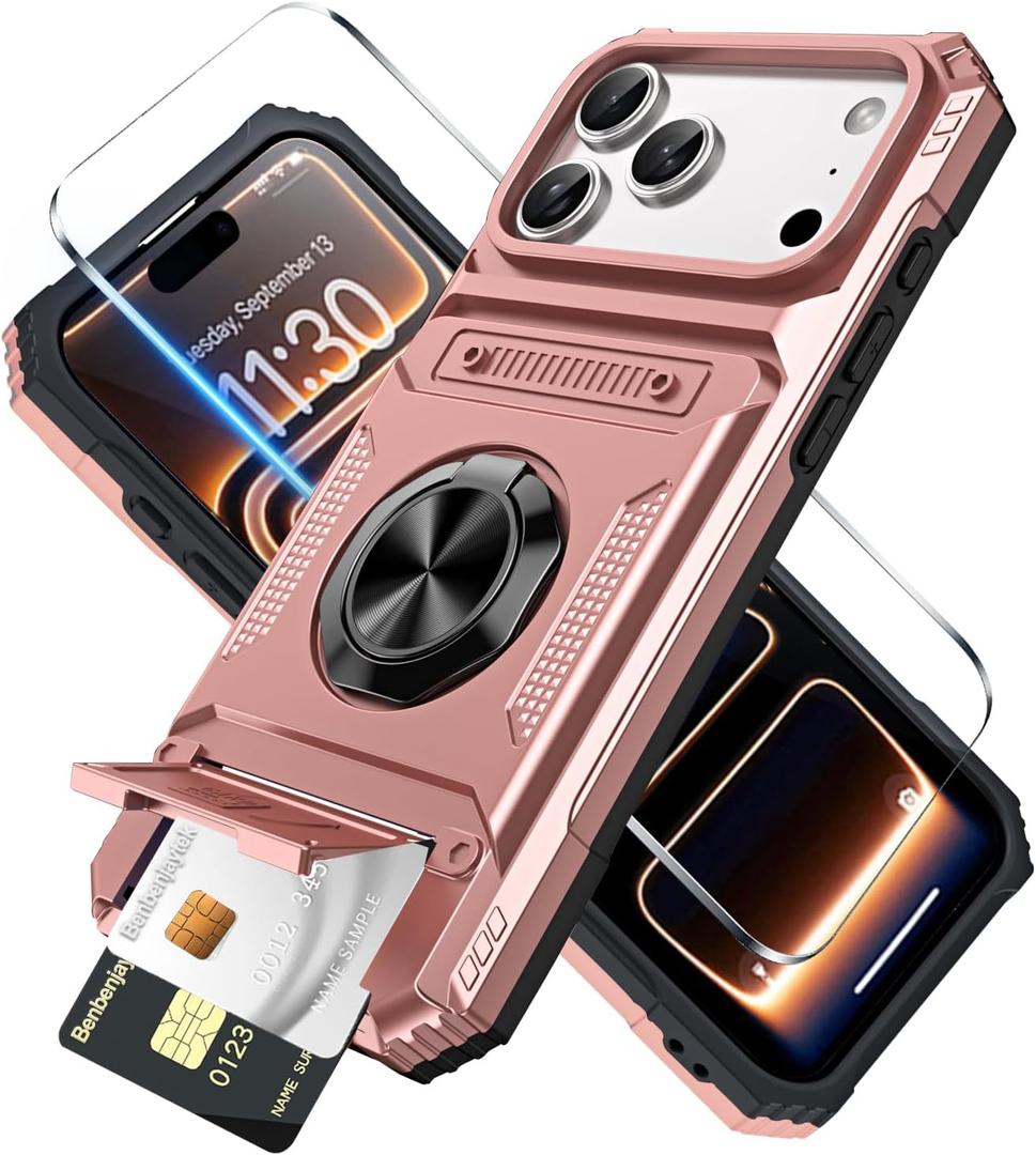 for iPhone 17 Pro Wallet Case with Card Holder + 1 Screen Protector, (2 Cards) & 360Ring Kickstand Military Grade Drop Shockproof Rugged Case for iPhone 17 Pro 6.3" (Rose Gold)