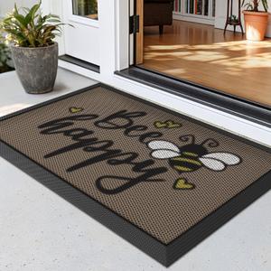 LUMI Outside Welcome Door Mat 17x30, Non Slip Durable Rubber Entrance Doormat, Low Profile Easy Clean Mats for Front Back Door Entryway Porch Garage, Bee Happy