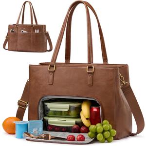 LOVEVOOK Lunch Bag for Women, Leather Laptop Tote Bag with Insulated Lunch Compartment for Work, Office (15.6 inch, Brown)
