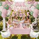 One Silly Goose 1st Birthday Table Decorations Girl Goose Balloons with Pink Bow, ONE SILLY GOOSE Foil Banner & Gingham Tablecloth, Cute Baby Girl Birthday Party Decor