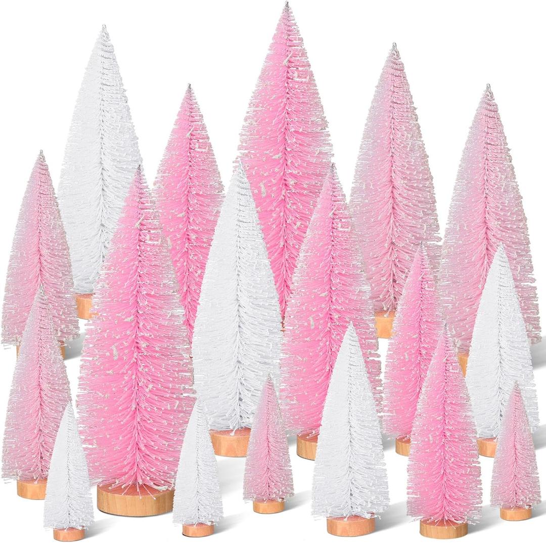 Leyndo 18 Pcs Pink Classic Artificial Mini Christmas Tree Sisal Bottle Brush Trees with Wood Base Christmas Pine Trees for Autumn Winter Holiday Home Kitchen Party Decor