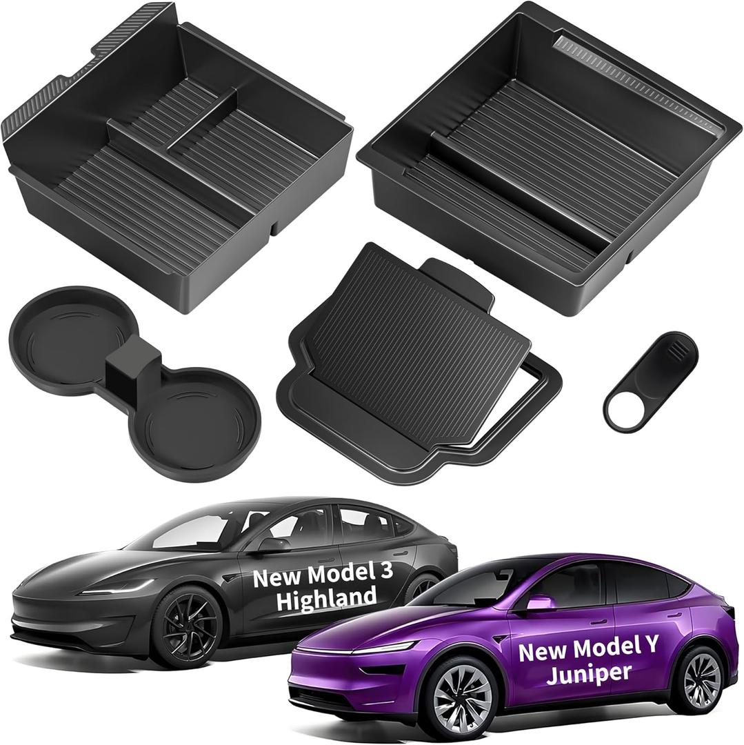 Center Console Organizer Tray for Tesla Model Y Juniper Accessories 2025 2026/For Tesla Model 3 Highland Accessories 2024 2025 2026 [Slide Smoothly/US Patent] Cup Holder Matte Black