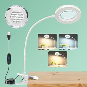 10X Magnifying Glass with Light, Clip on Mganifier with Light, 48 LED Desk Magnifying Glass wtih Clamp, 3 Modes Dimmable Magnifying LED Lamps for Bed Work Crafts DIY Repair (White)