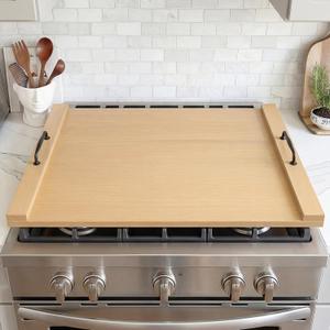 Noodle Board Stove Cover, Wooden Stovetop Cover with Non-Slip Feet, Handle & Raised Lip, Extra Counter Space for Kitchen (29.5 x 22 Natutal)