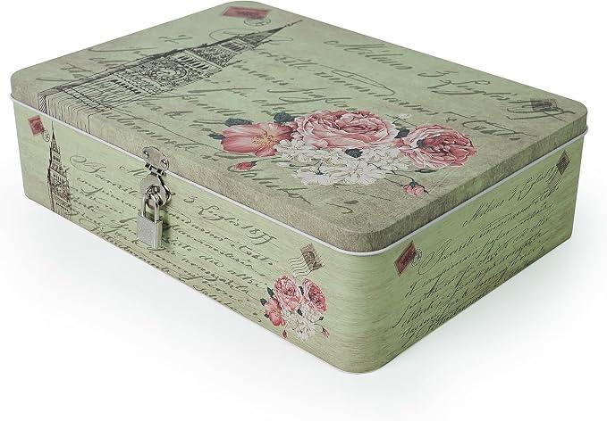 Luwint Tin Metal Storage Box - Vintage Letter Paper Cookies Container Decorative Secret Case with Key & Lock Gifts for Boys Girls Birthday Home Decor Keepsake