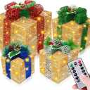 [ Super Large 12"-10"-8"-7" ] 4 Pack Lighted Gift Boxes Christmas Decorations 70 LED Timer 8 Modes Remote Battery Operated Gold Glitter Xmas Present Box Christmas Tree Decor Indoor Outdoor Home Yard