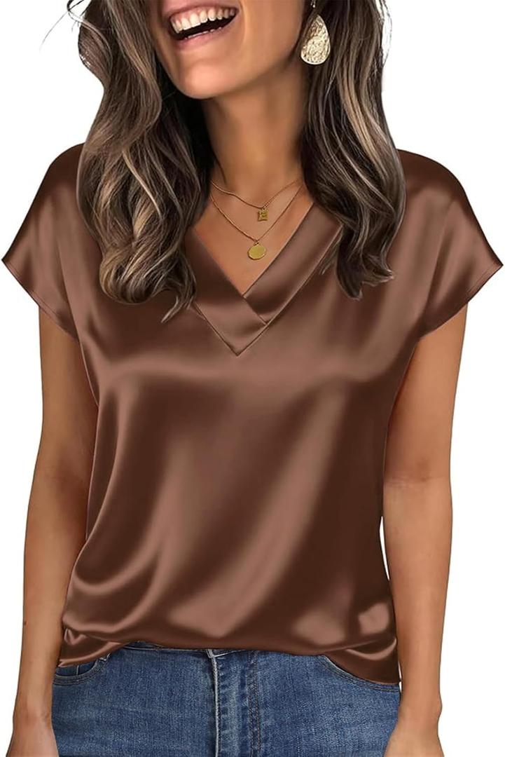 Nfsion Tops for Women Silk Satin Cap Short Sleeve Blouse V Neck Shirts Business Casual Outfits (M)
