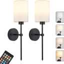 Battery Operated Wall Sconces Set of Two,Wireless Rechargeable Wall Light With Remote Control, Dimmable, Amber Light/Warm White/Natural White/Daylight/RGB, Timer,for Living Room,Bedroom,Entryway,Black