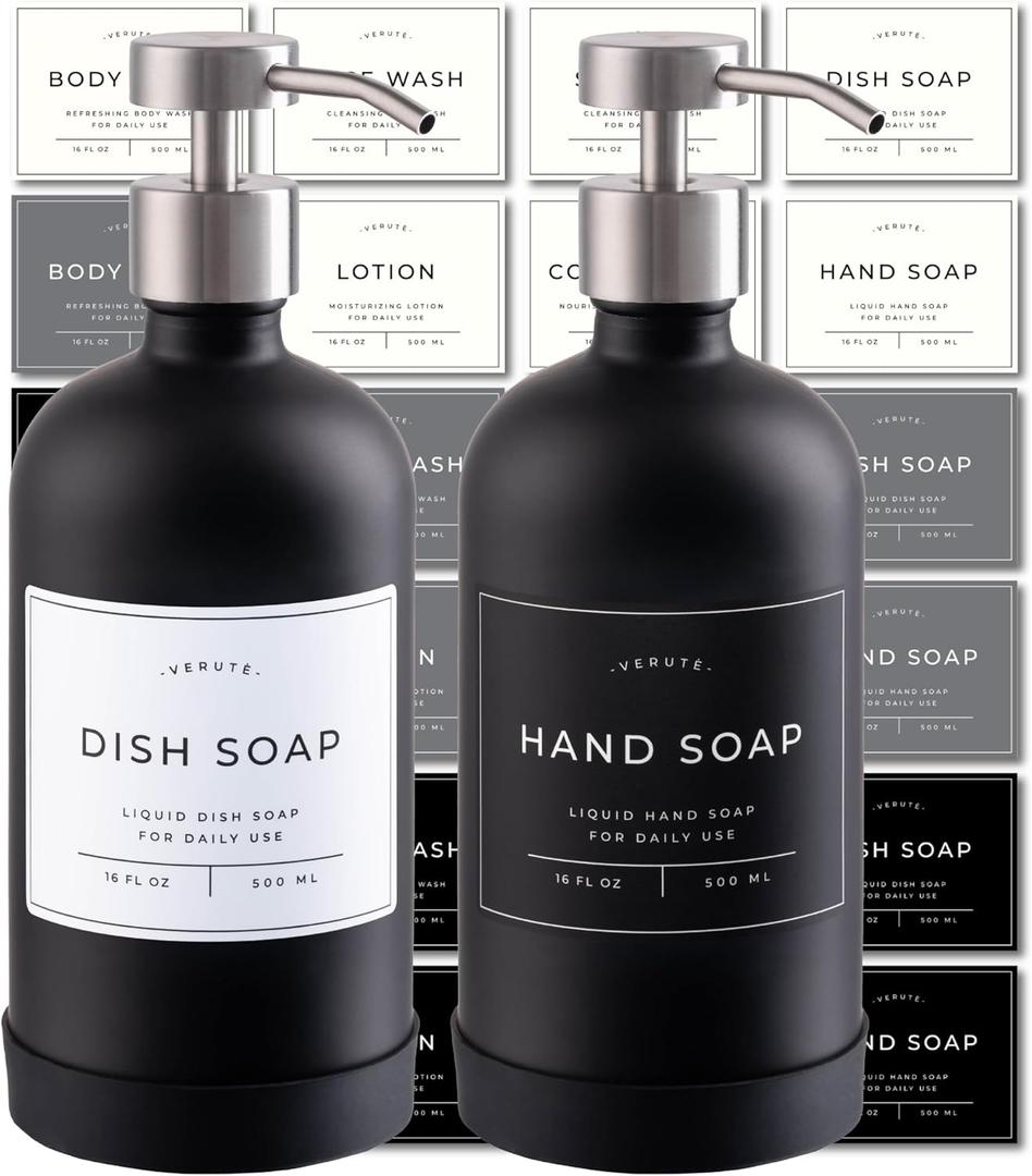 Hand and Dish Soap Dispenser for Kitchen and Bathroom, Set of 2 16 Oz Glass Bottles, Stainless Steel Pumps, Non-Slip Silicone Base, 27 Waterproof Labels (Matte Black Bottle/Brushed Silver Pump)