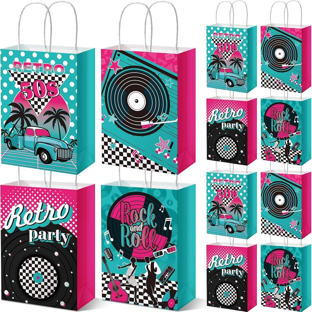Sweetude 24 Pcs 50s Paper Gift Bags 1950's Rock and Roll Music Bags 50's Themed Party Decorations Retro Records Paper Goodies Sack for Music Birthday Anniversary Party Favor Grease Decorations