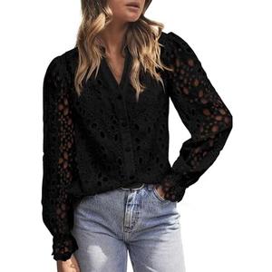 MASCOMODA Womens Tops Dressy Casual Fall Puff Long Sleeve Eyelet Button Shirts V Neck Lace Embroidered Hollow Out Work Blouse, Size XL