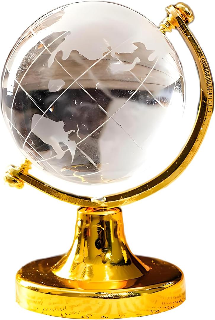 Mini Crystal Sphere Globe, Round Earth World Glass Ball Decorative Crystal Desktop Ornament Home Office Decor Golden
