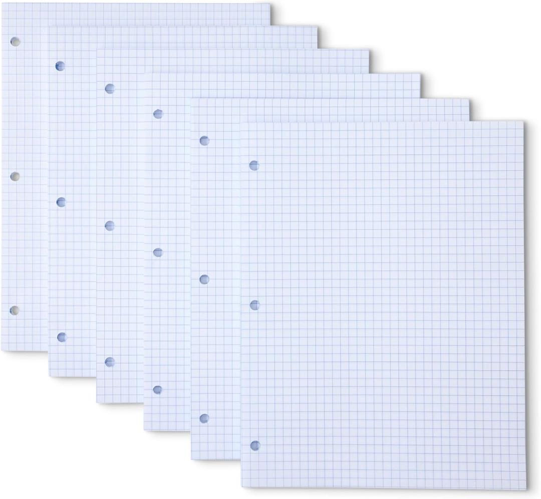 Amazon Basics Loose Leaf Paper, Graph Ruled Binder Paper, 100 Sheets, 11" x 8.5", 6 pack, White