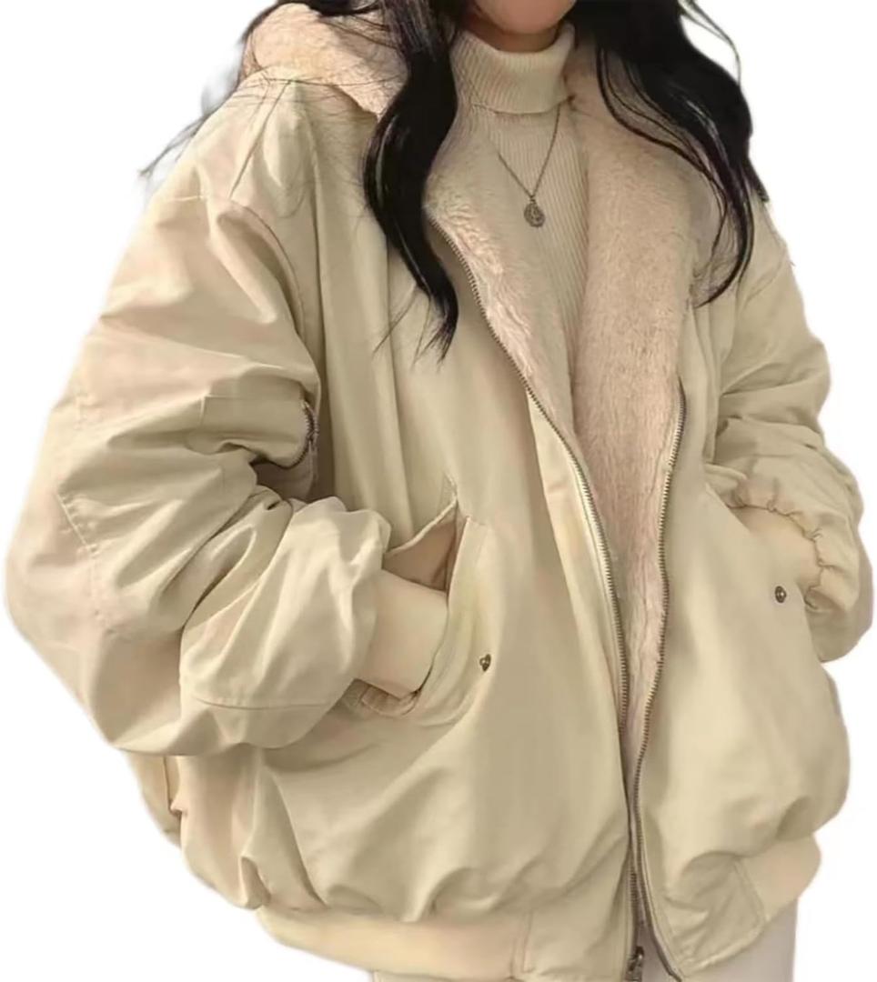 Sumleno Sherpa Jacket for Women Teen Girls Reversible Y2k Zip Up Hoodie Fleece Fur Grunge Winter Coat Cutecore Korean Clothes (Beige, L)