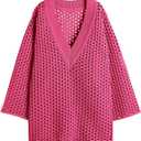 Saodimallsu Women Crochet Cover Up Long Sleeve Deep V Neck Hollow Out Sweater Oversized Beach Mini Dress Bathing Suit Coverup (Pink)