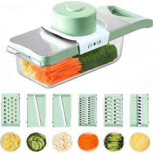 Vegetable Chopper, Mandoline Food Slicer Cutter with Handheld Container, 6 Blades and Blade Box, Cucumber Slicer, Magnetic Kitchen Tools for Veggie Potato Onion Butter Carrot (Green, 8 in 1)