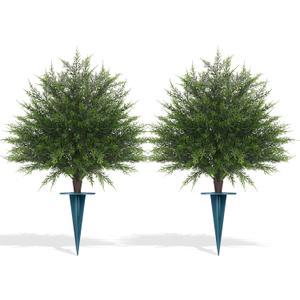 Grooy Artificial Cypress Topiary Bushes with Spike, 2 Pack Faux UV Resistant Cedar Ball Trees for Outdoor Planters, Fake Shrubs Plants for Porch Garden Decor